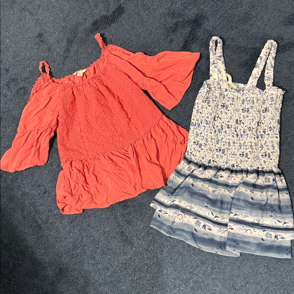 Orange Off-Shoulder Top and Blue Patterned Shirt